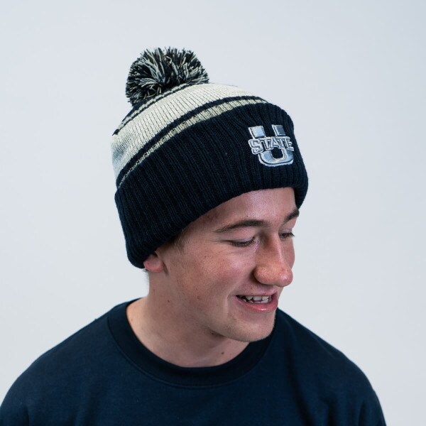 utah state striped pom pom beanie
